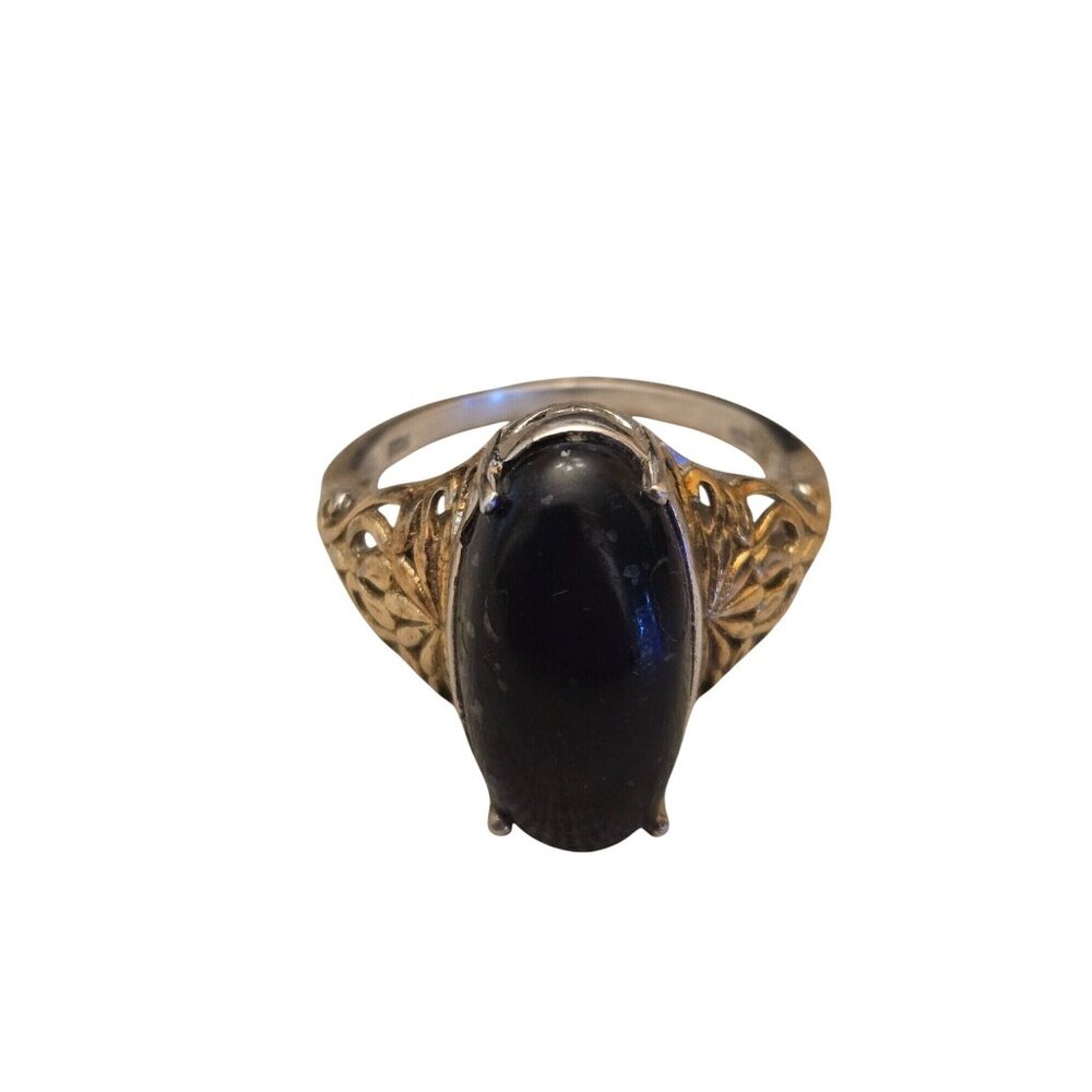 Vintage Sterling Silver Ring With Gold‎ Filigree Mixed Metal Black Oval Cabochon